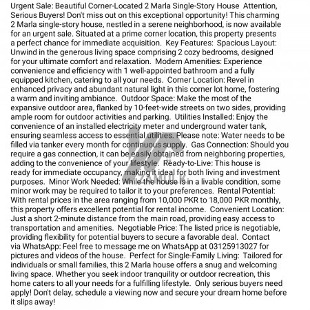 Urgent Sale: Beautiful Corner-Located 2 Marla Single-Story House